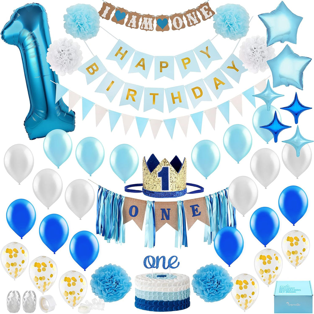 Baby Boy 1st Birthday Decorations With Birthday Crown - First Birthday Boy Decorations - Cake Smash Party Supplies - Happy Birthday and HighChair One Burlap Banner, Number One Balloon, Cake Topper.