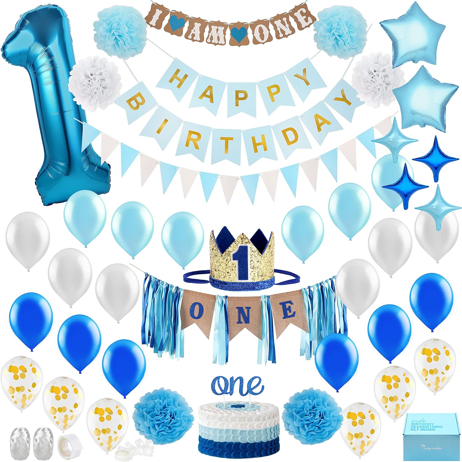 Baby Boy 1st Birthday Decorations With Birthday Crown - First Birthday Boy Decorations - Cake Smash Party Supplies - Happy Birthday and HighChair One Burlap Banner, Number One Balloon, Cake Topper.