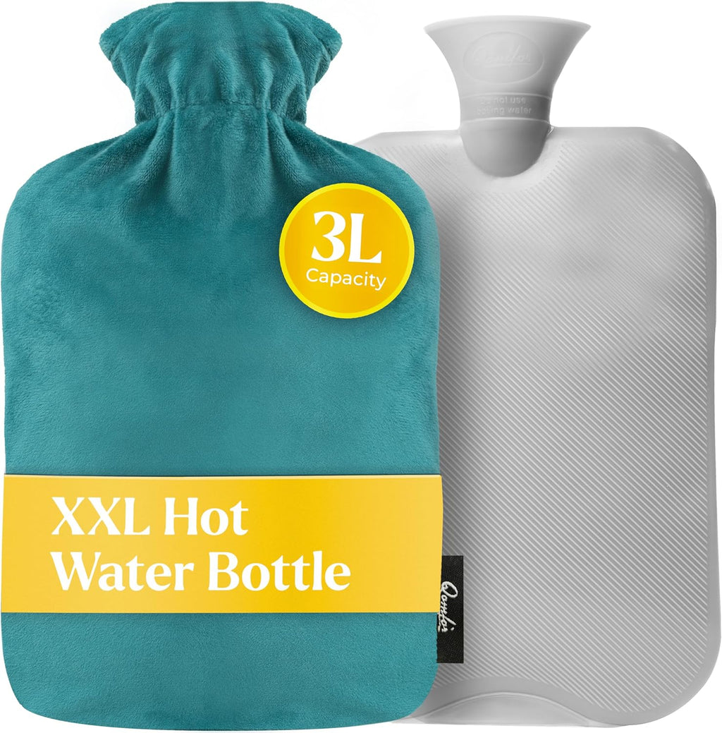 Hot Water Bottle - with Soft Premium Fleece Cover - Green Blue, 3L - Heating Pad for Menstrual Cramps & Period Comfort - Bed Foot Warmer - Hot & Cold Compress for Back, Stomach, Neck Pain Relief