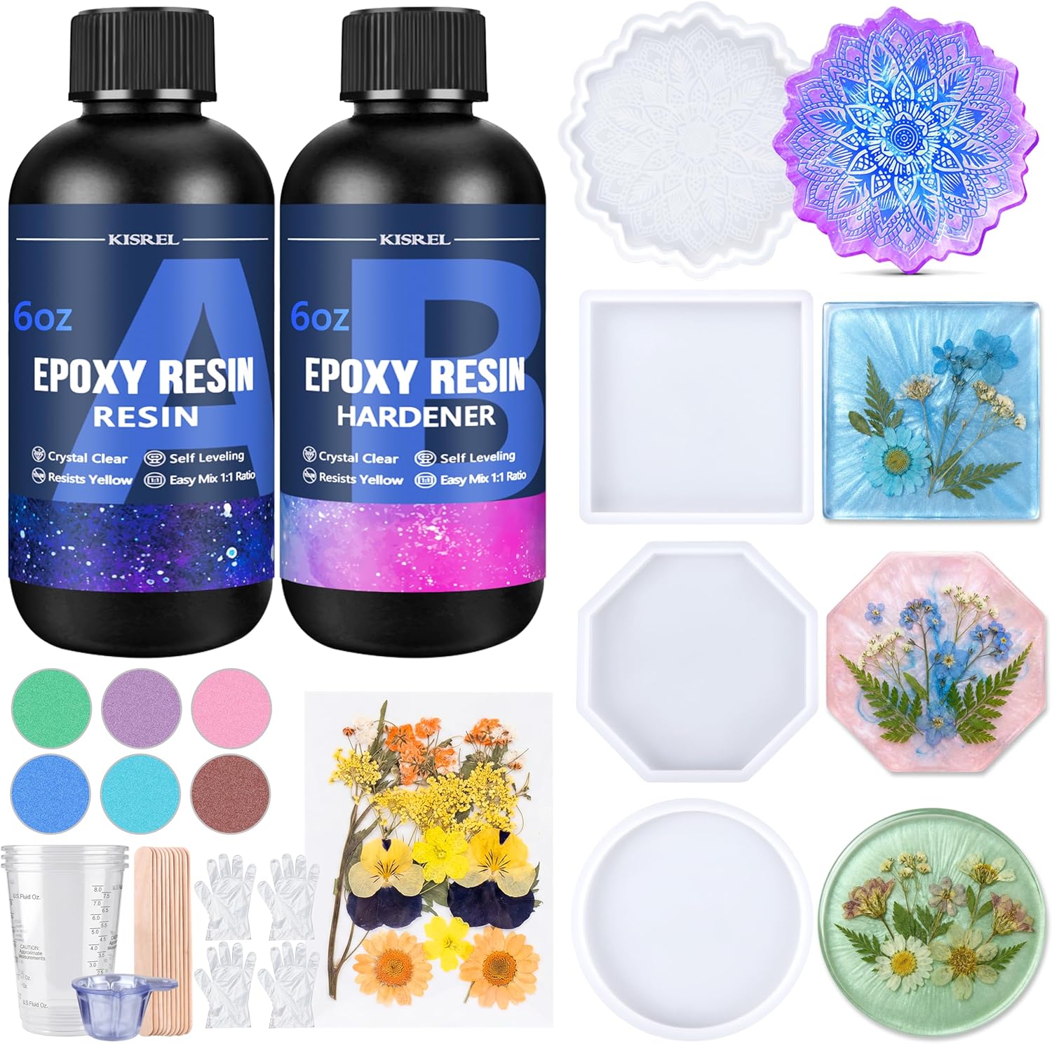KISREL Epoxy Resin Kit for Beginners, 12OZ Resin Kit with Silicone Coaster Molds, Complete Accessories Include Mica Powders, Dried Flowers, Measuring Cups and Other Resin Supplies for DIY