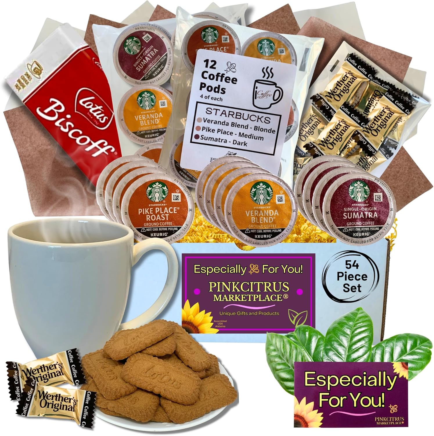 Coffee Mug Gift Set for Women Men Basket Box Care Package with Sampler CoffeePods, Cookies, and Candy Thinking of You Get Well Soon Happy Birthday Ideas For Mother’s Father’s Family Best Friend and Boss