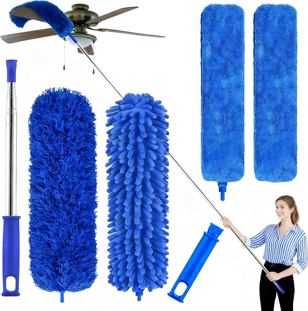 Professional Microfiber Feather Dusters for Cleaning, 6PCS Extendable Bendable Dusters with 100" Telescopic Pole, Washable & Reusable Cleaning Kit for Ceiling Fans, Blinds, Hard-to-Reach Areas (Blue)