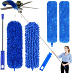 Professional Microfiber Feather Dusters for Cleaning, 6PCS Extendable Bendable Dusters with 100" Telescopic Pole, Washable & Reusable Cleaning Kit for Ceiling Fans, Blinds, Hard-to-Reach Areas (Blue)