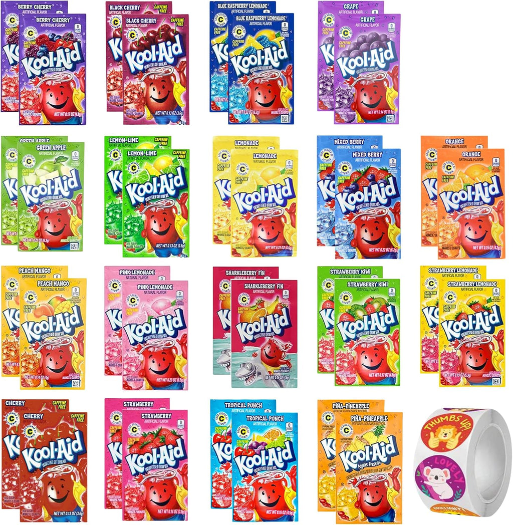 Kool Aid Packets Ultimate Variety (18 Falvors, 36 Packets) - Drink Mix - Includes Cherry, Grape, Lemonade, Mixed Berry, Strawberry, Tropical Punch and more PLUS 5 STICKERS By D.F. LUXURY