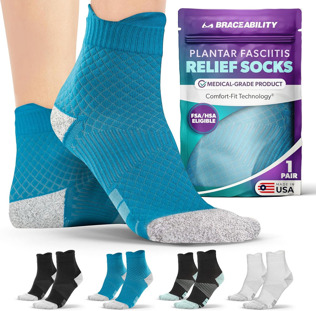 BraceAbility Plantar Fasciitis Socks - Ankle Compression Socks for Foot Pain Relief, Heel Spurs, Achilles Tendonitis, Full-Toe Arch Support Sleeve Socks for Women and Men (1 Pair - L Teal)