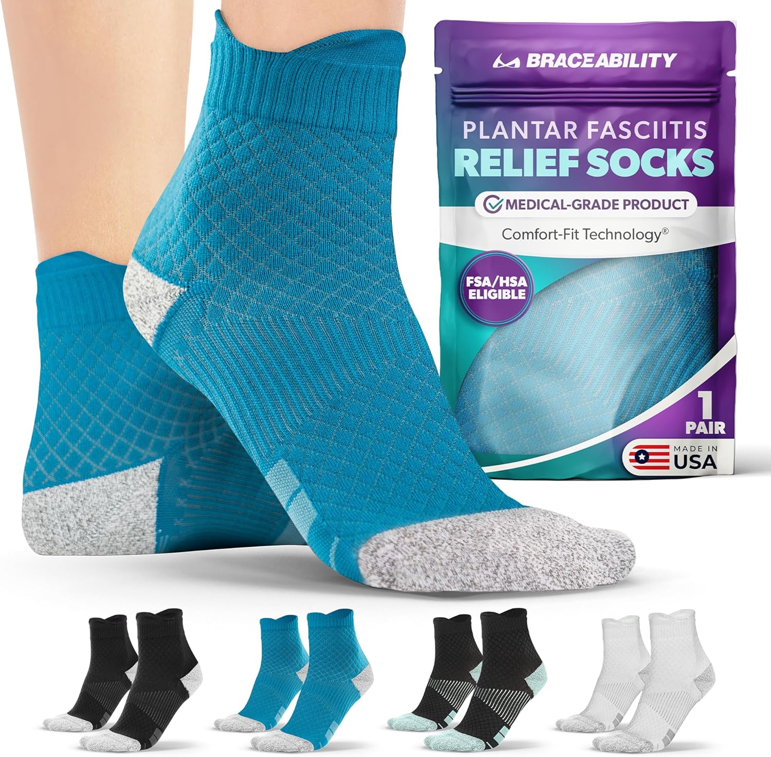 BraceAbility Plantar Fasciitis Socks - Ankle Compression Socks for Foot Pain Relief, Heel Spurs, Achilles Tendonitis, Full-Toe Arch Support Sleeve Socks for Women and Men (1 Pair - L Teal)