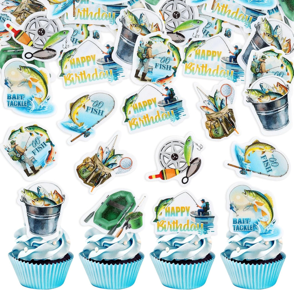 Ercadio 40Pcs Edible Sea Fishing Cupcake Toppers Edible Fishes Fishing Tools Cupcake Picks for Summer Outdoor Fishing Theme Baby Shower Fisherman Birthday Party Cake Decorations Supplies