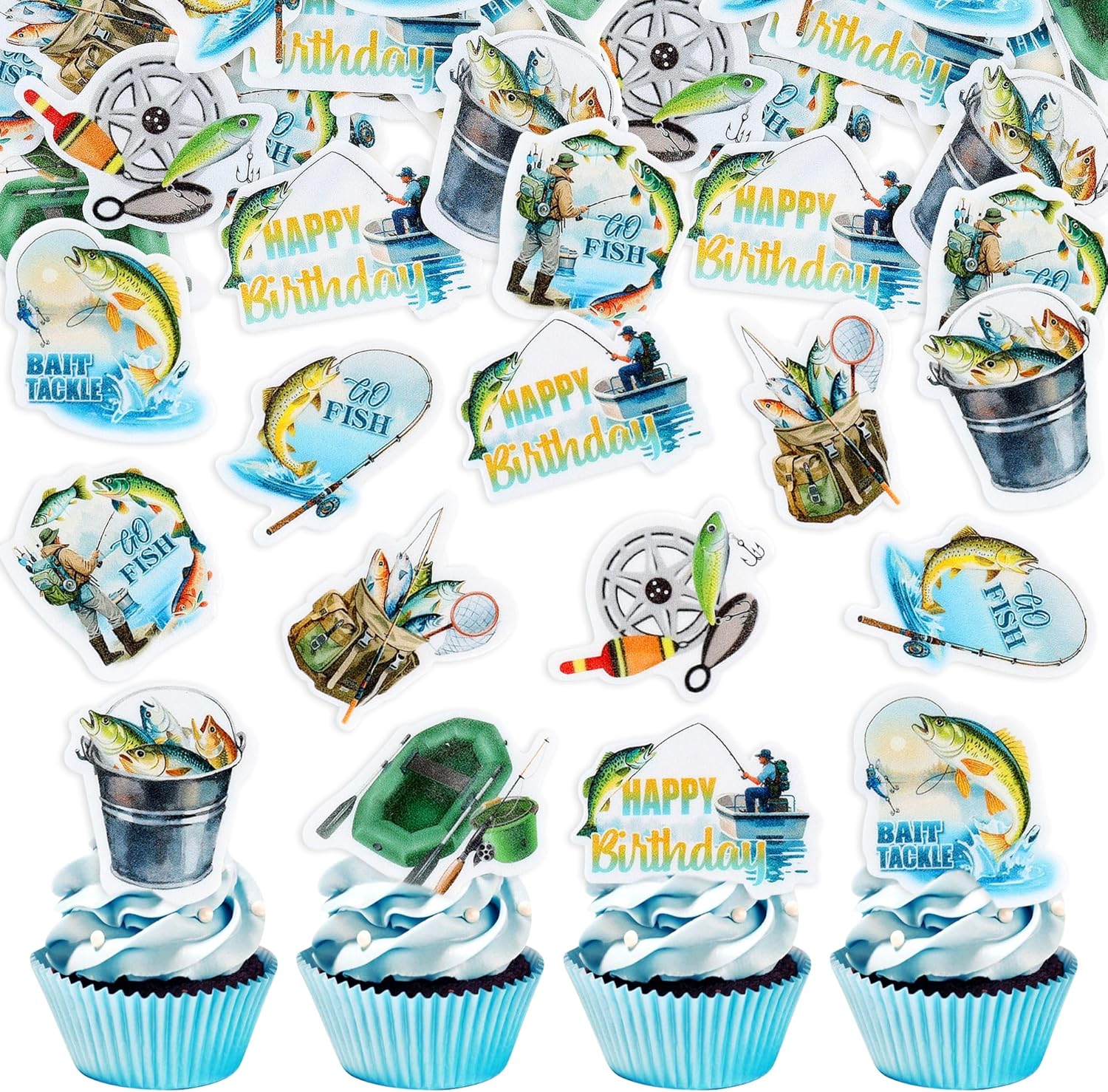 Ercadio 40Pcs Edible Sea Fishing Cupcake Toppers Edible Fishes Fishing Tools Cupcake Picks for Summer Outdoor Fishing Theme Baby Shower Fisherman Birthday Party Cake Decorations Supplies