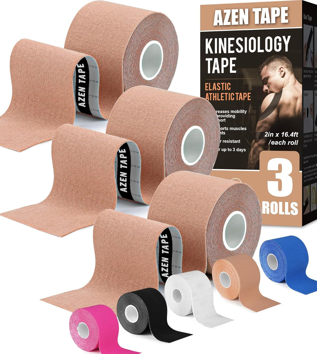 AZEN 3 Rolls Kinesiology Tape, 16.4 ft Waterproof Kinetic Tape for Joints Support and Muscle Pain Relief, Knee Tape, Athletic Tape, Uncut Muscle Tape - Skin