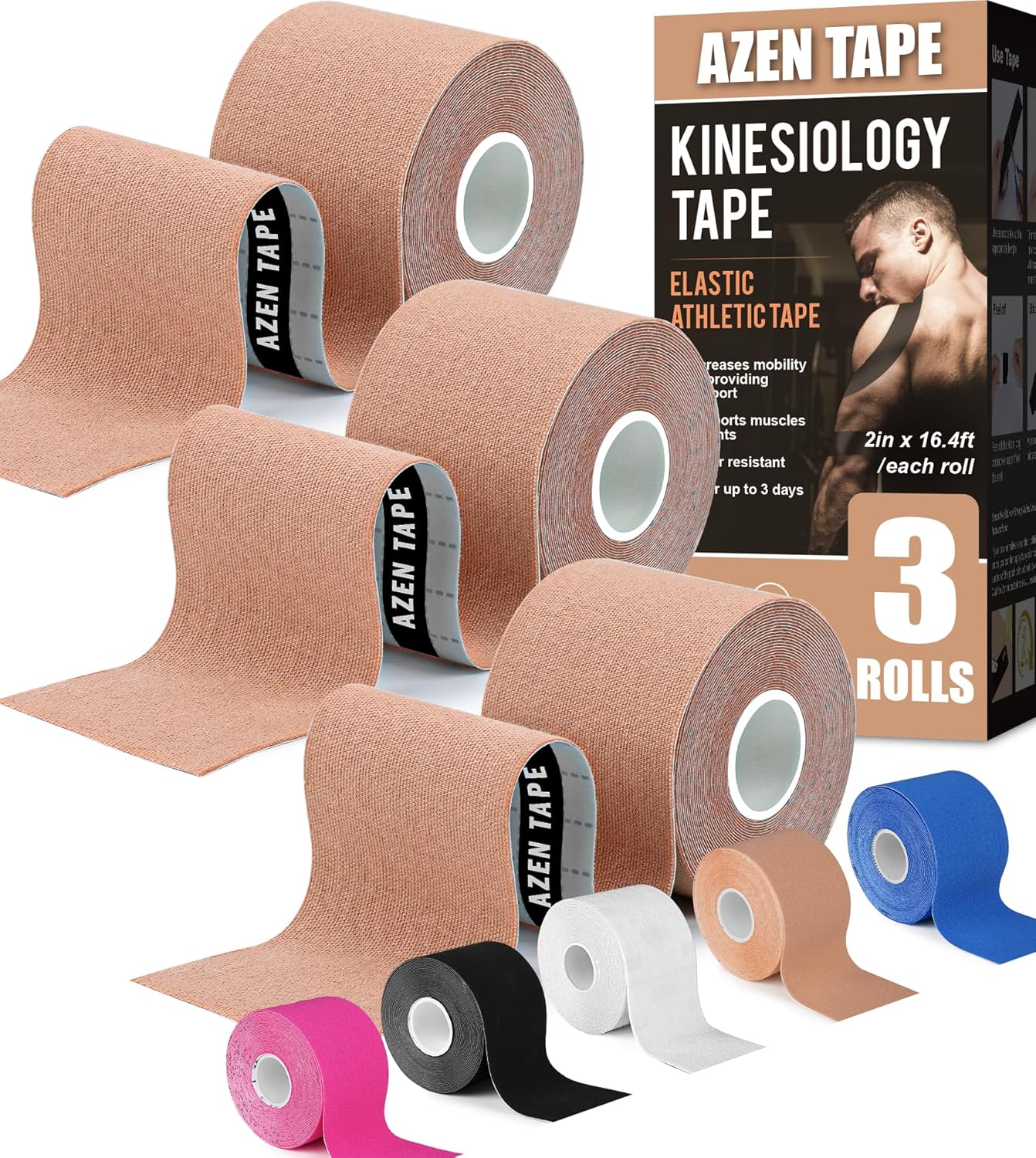 AZEN 3 Rolls Kinesiology Tape, 16.4 ft Waterproof Kinetic Tape for Joints Support and Muscle Pain Relief, Knee Tape, Athletic Tape, Uncut Muscle Tape - Skin