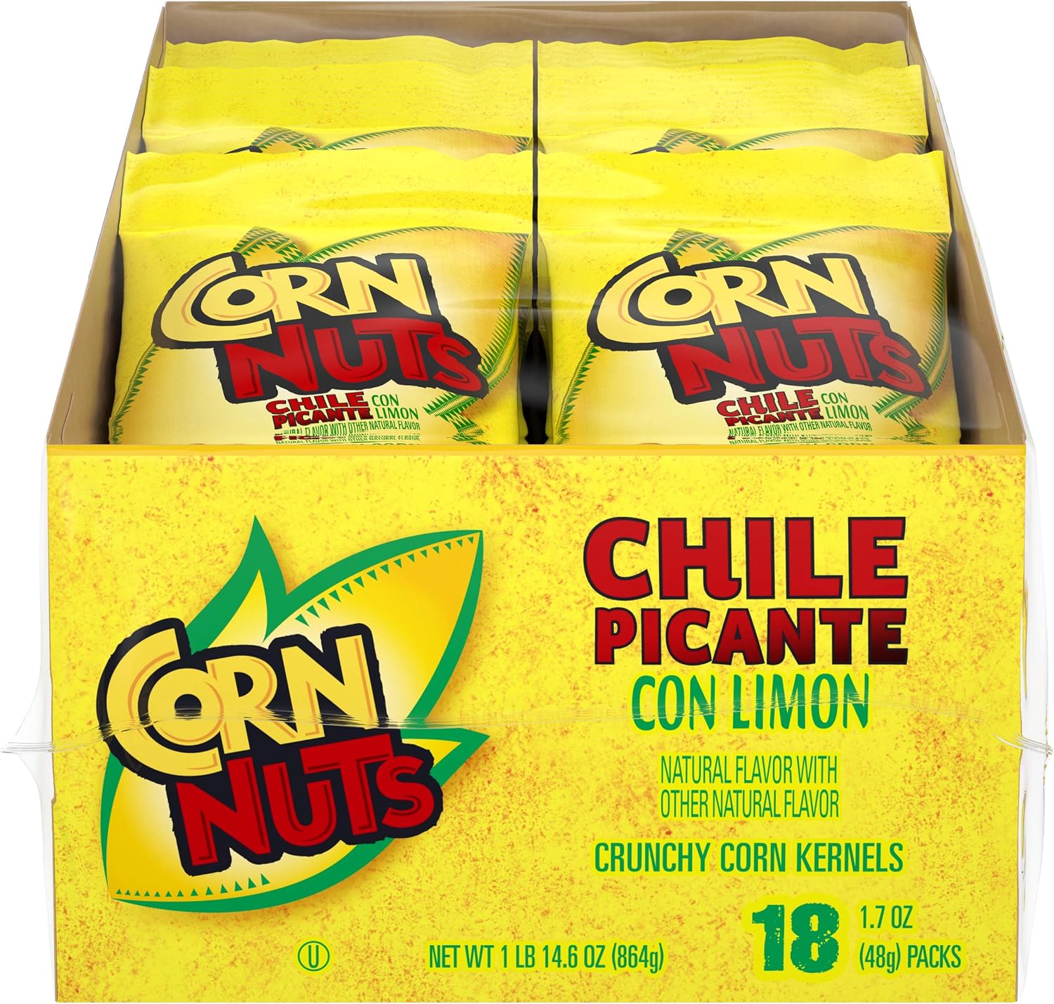 CORN NUTS Chile Picante con Limon Flavored Corn Kernels, Crunchy Corn Snacks, Snack Box, Variety Packs, Food for Adults, 1.7oz. (Pack of 18)