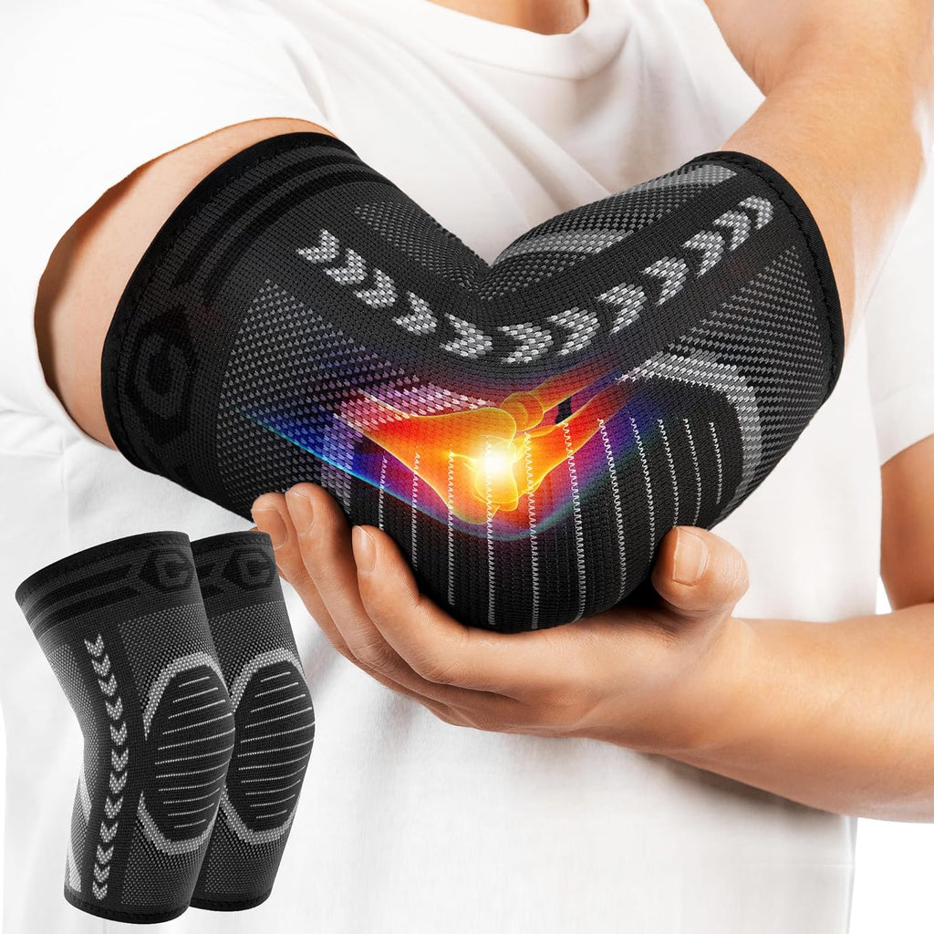 CAMBIVO 2 Pack Elbow Compression Sleeves for Men and Women, 3D Knit Tennis Elbow Brace for Tendonitis and Joint Pain Relief, Breathable Arm Support for Gym, Weightlifting and Daily Work
