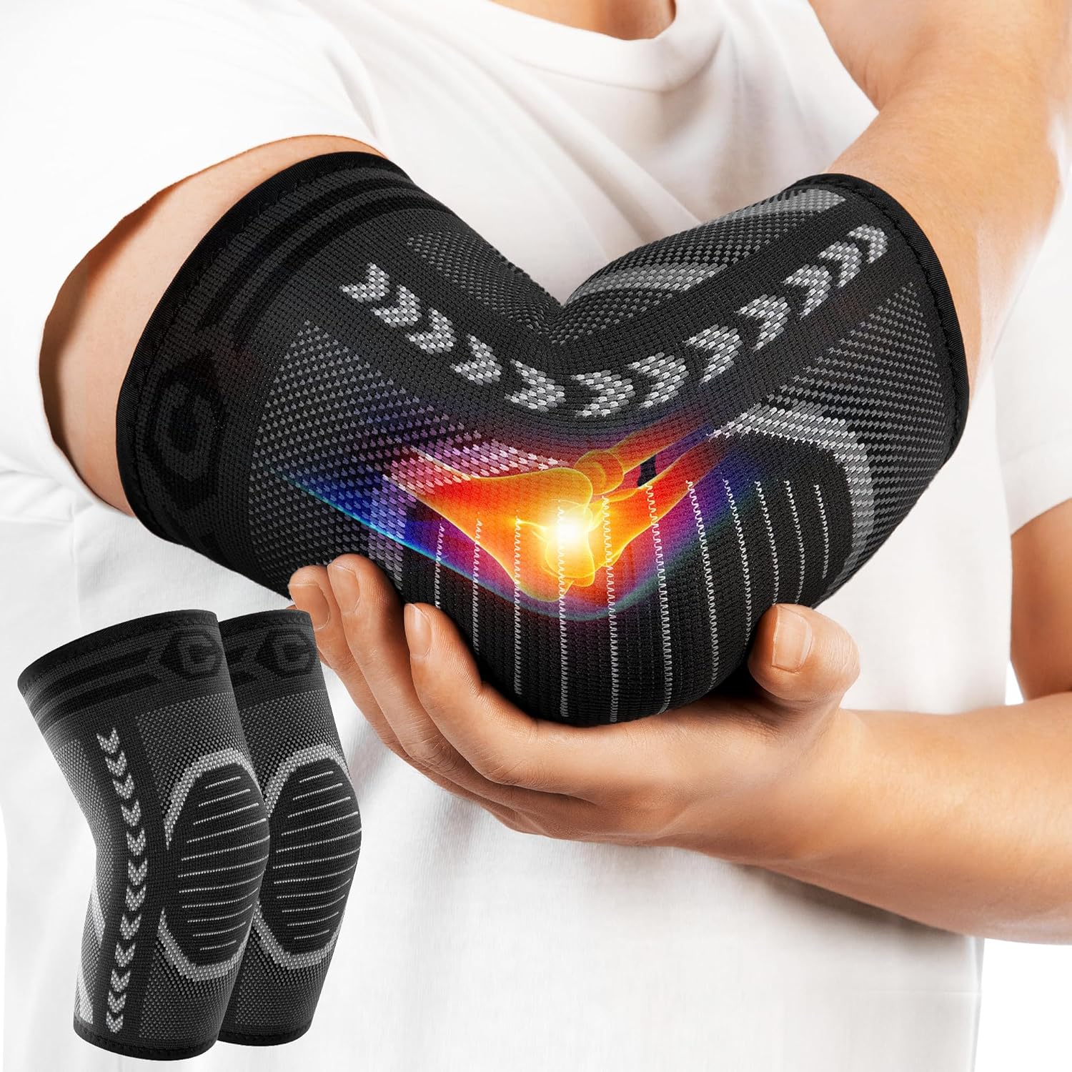 CAMBIVO 2 Pack Elbow Compression Sleeves for Men and Women, 3D Knit Tennis Elbow Brace for Tendonitis and Joint Pain Relief, Breathable Arm Support for Gym, Weightlifting and Daily Work