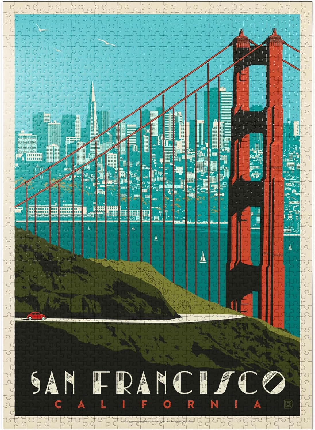 MyPuzzle San Francisco: Golden Gate Bridge Skyline, Vintage Poster - Premium 1000 Piece Jigsaw Puzzle for Adults