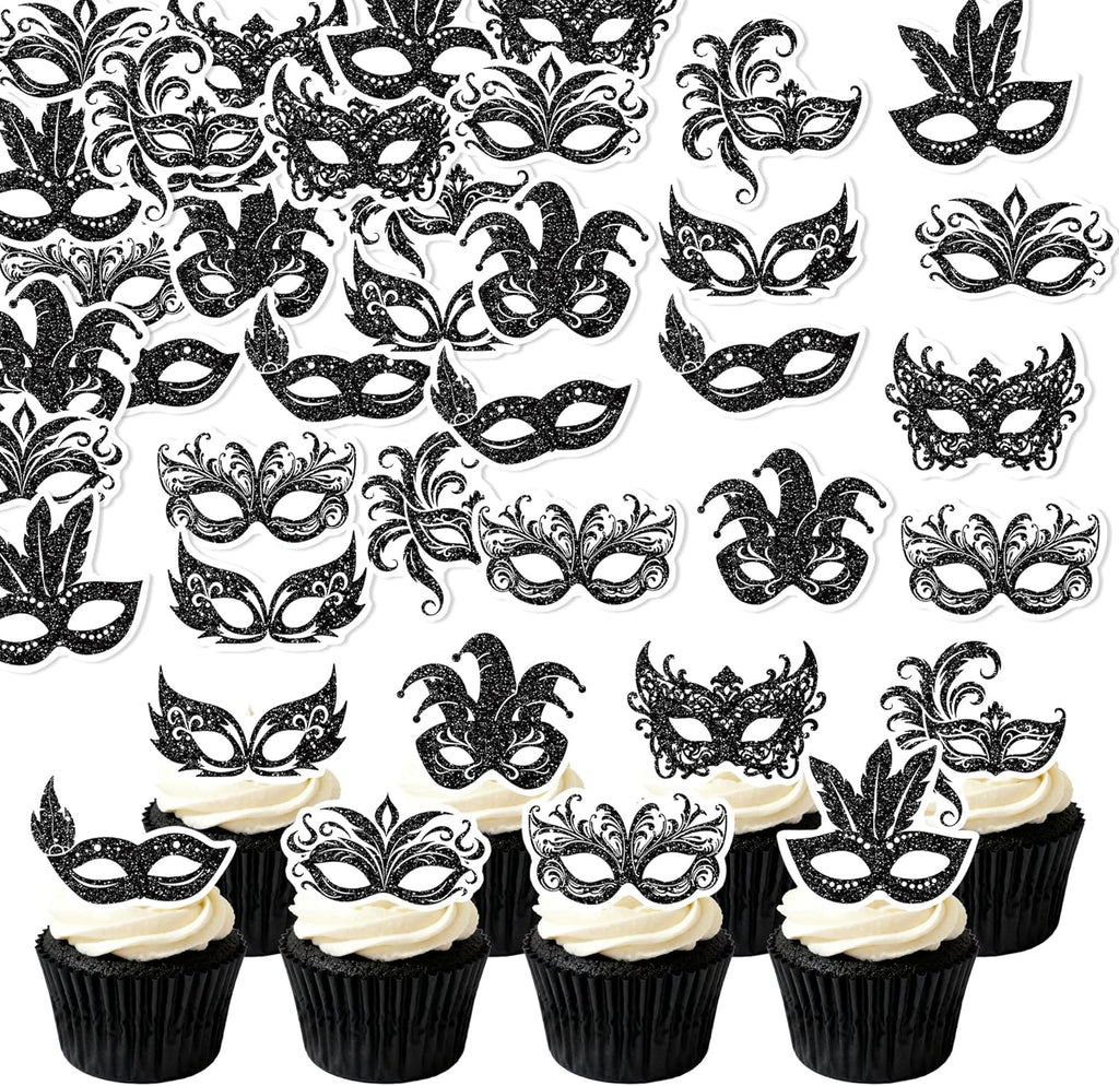 48Pcs Edible Masquerade Masks Cupcake Toppers Wafer Paper Bachelorette Party Mask Cupcake Toppers forMardi Gras Party Baby Shower Birthday Party Cake Decorations