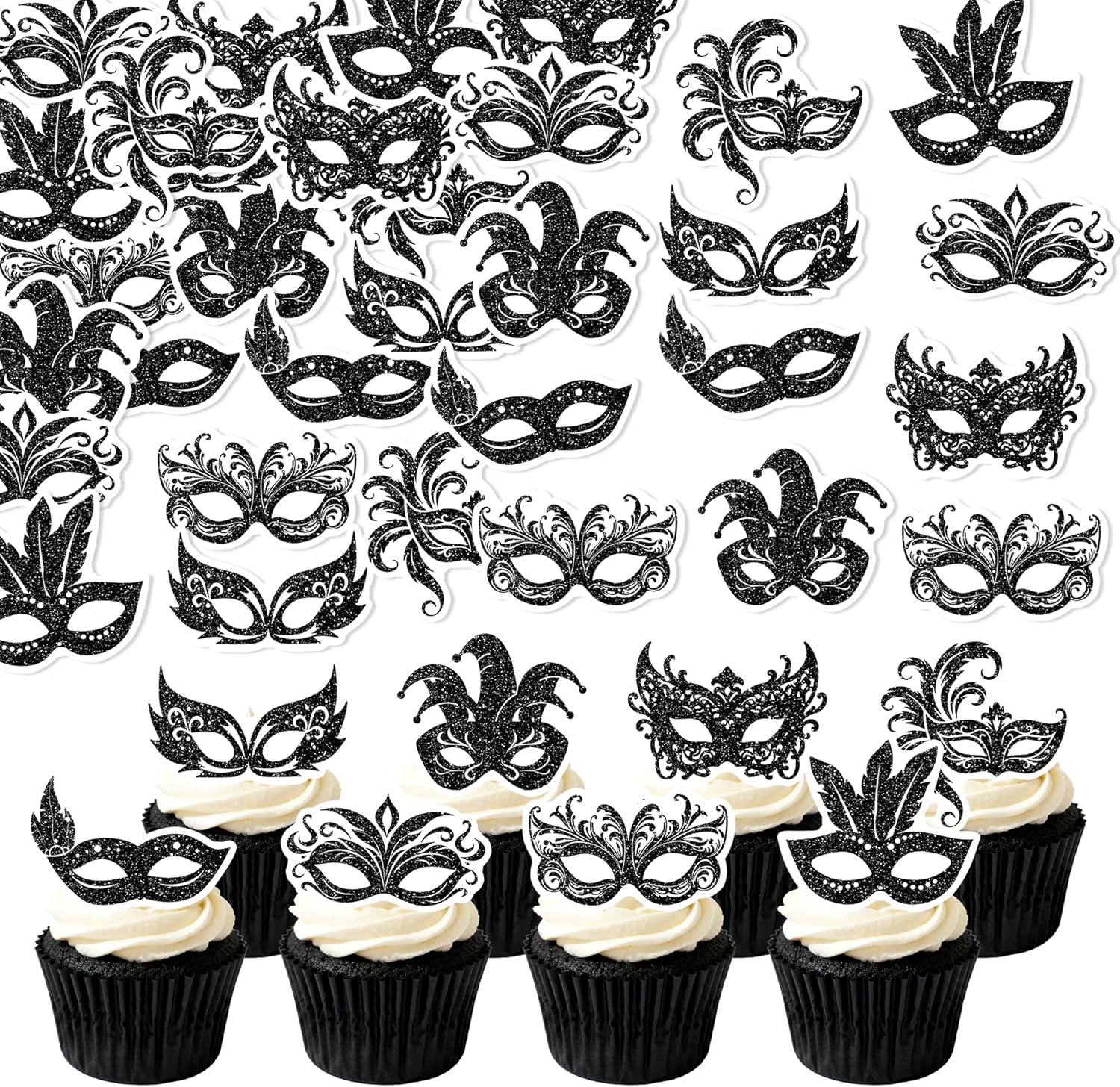 48Pcs Edible Masquerade Masks Cupcake Toppers Wafer Paper Bachelorette Party Mask Cupcake Toppers forMardi Gras Party Baby Shower Birthday Party Cake Decorations