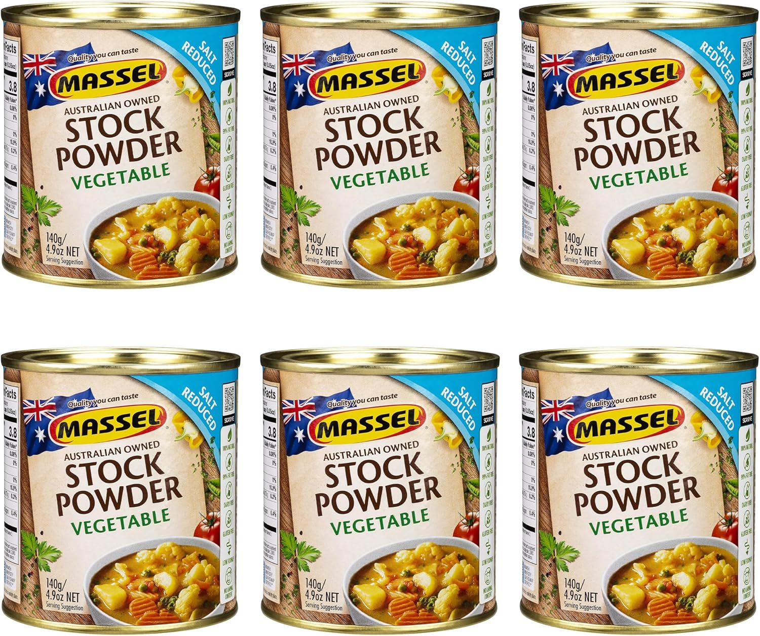 Massel Vegetable Style Bouillon Powder - Salt Reduced, Low Sodium, No MSG, Gluten Free, Low FODMAP, Dairy Free, Non-GMO & Vegan - All Natural Chicken Bouillon Seasoning & Stock Powder Alternative (140g x 6 Pack)