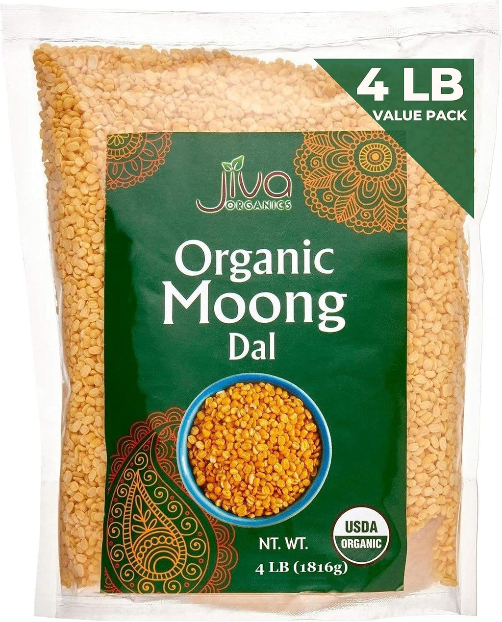 Jiva USDA Organic Moong Dal Yellow - 4 Pound (Split Mung Beans Washed)
