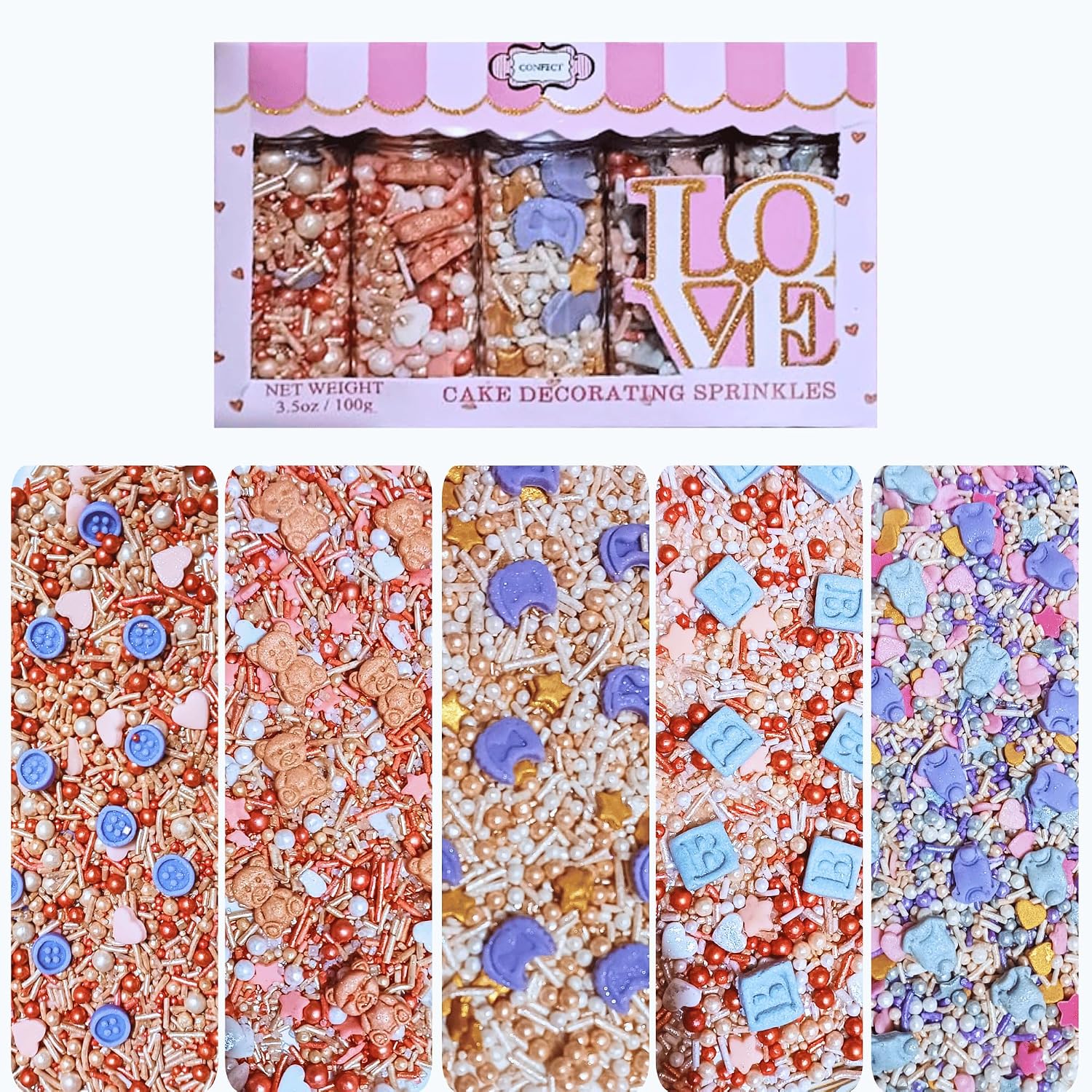 Confect Girls Baby Shower Sprinkles Gender Reveal Mix Gold, Silver, Baby Blue & Lavander Sprinkles Pack of 5 Assorted Edible Vegan, Gluten-Free, Nut-Free, Soy-Free, Dairy-Free, Palm Oil-Free - 5 Oz
