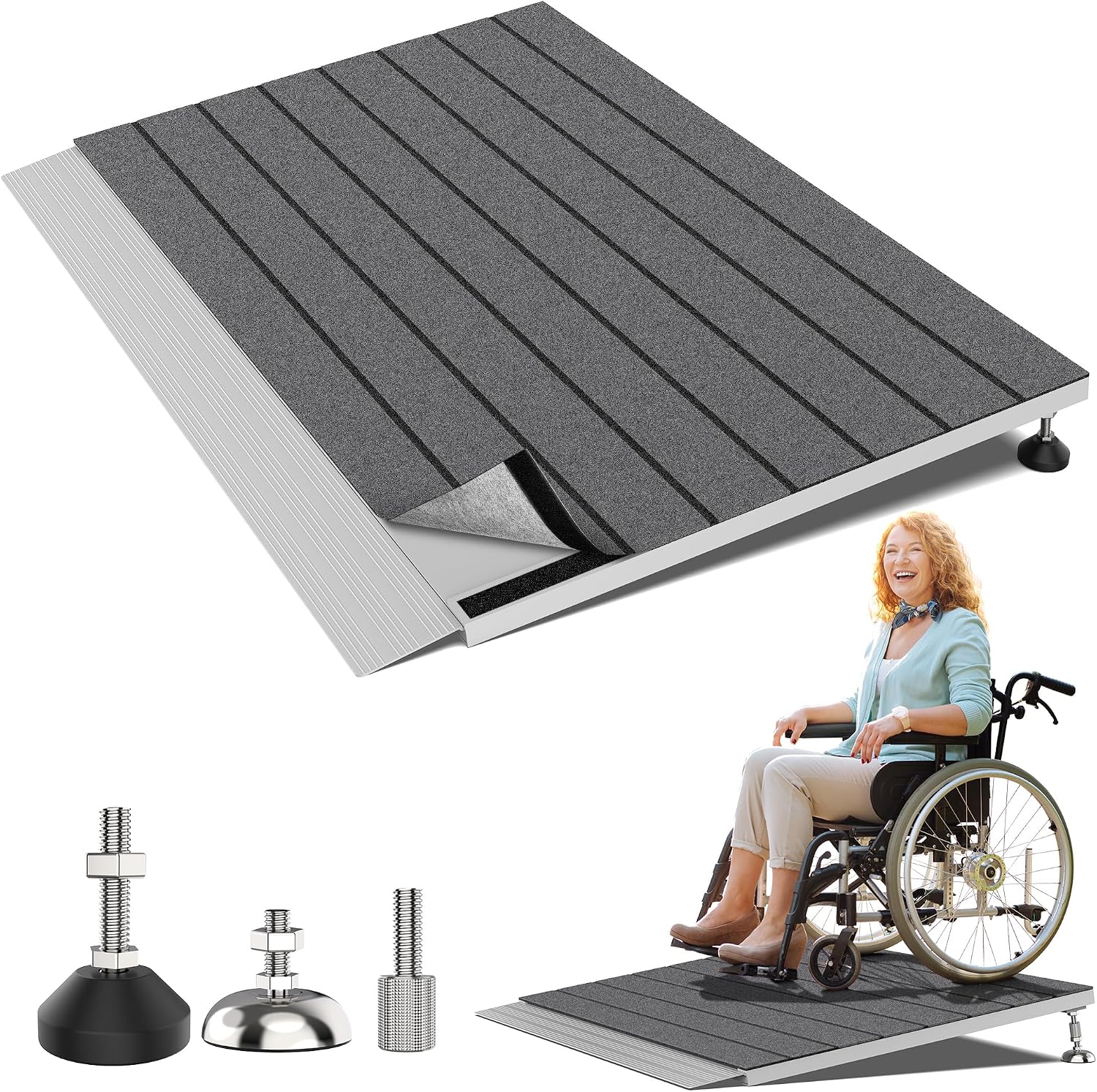 Threshold Ramps for Wheelchairs, Adjustable Height 1.8"–5.3" and 24"×36" Platform Aluminum Wheelchair Ramp, Door Threshold Ramps with a Non-Slip Thick Door Mat for Scooters, Power Chairs, Cart