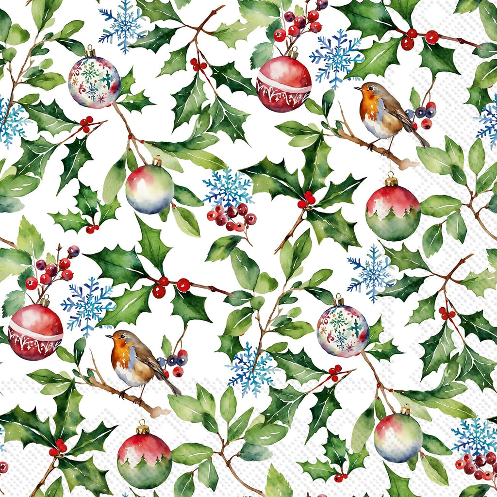 IHR Ideal Home Range Party Napkins Disposable 3-Ply Paper Lunch Napkin Pack, 6.5" x 6.5", Christmas Holly, 20-Count