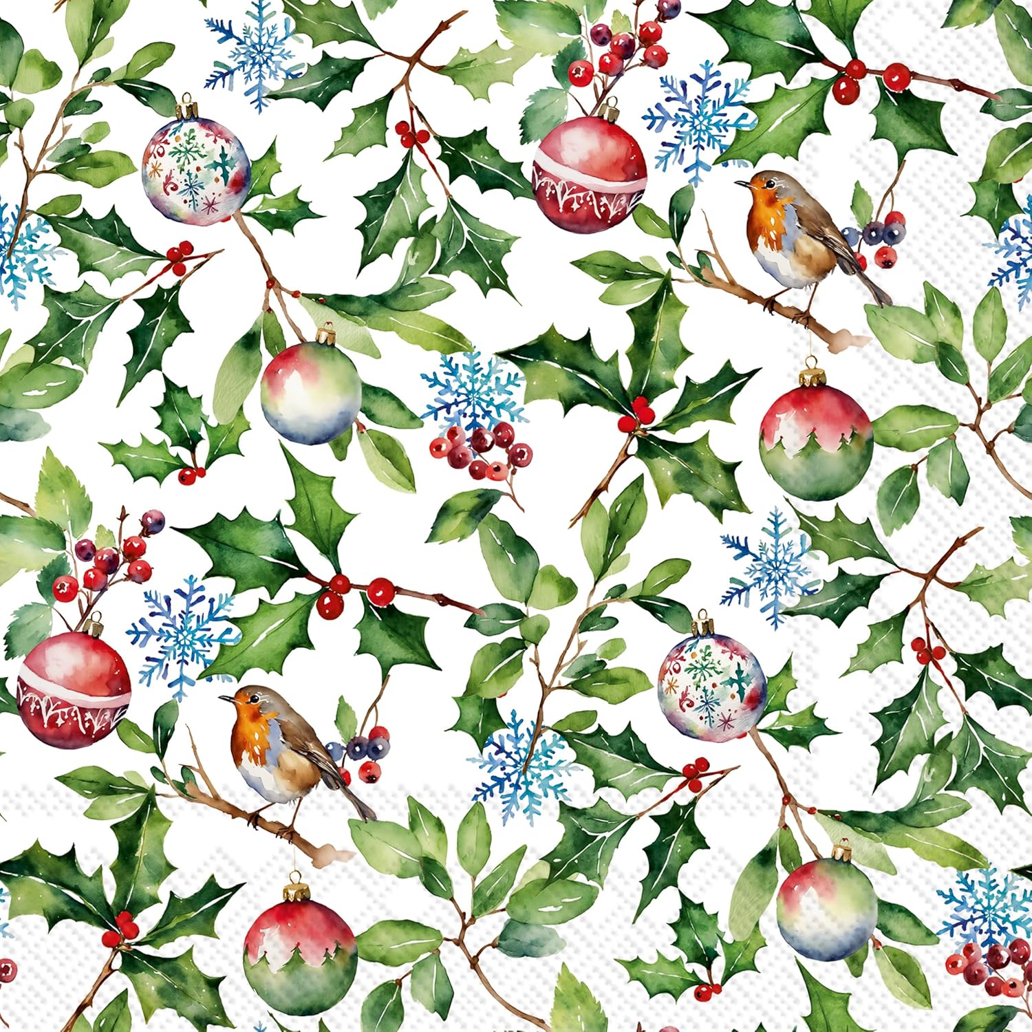 IHR Ideal Home Range Party Napkins Disposable 3-Ply Paper Lunch Napkin Pack, 6.5" x 6.5", Christmas Holly, 20-Count