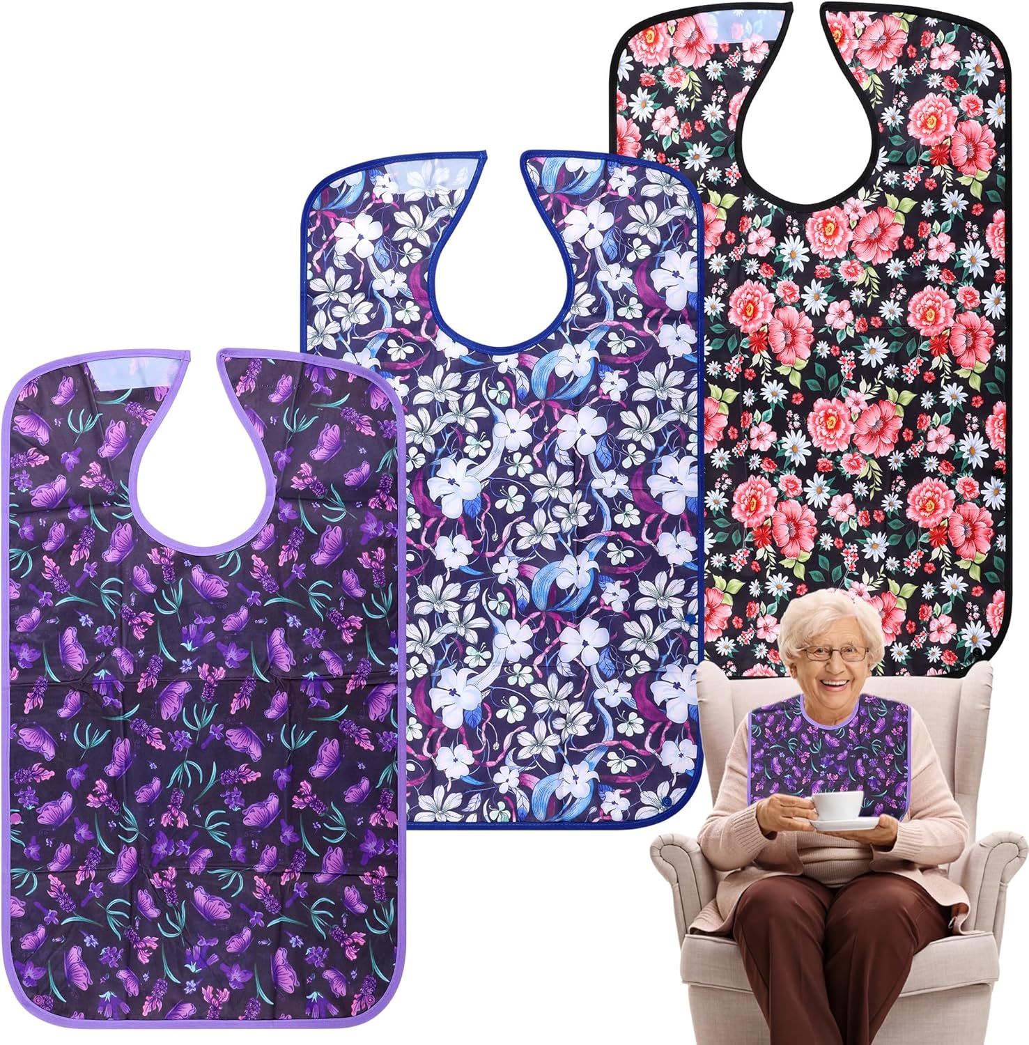 Adult Bibs - 3 Pcs Washable Clothing Protector with Crumb Catcher, Adult Bibs for Elderly Women Eating Washable Flower