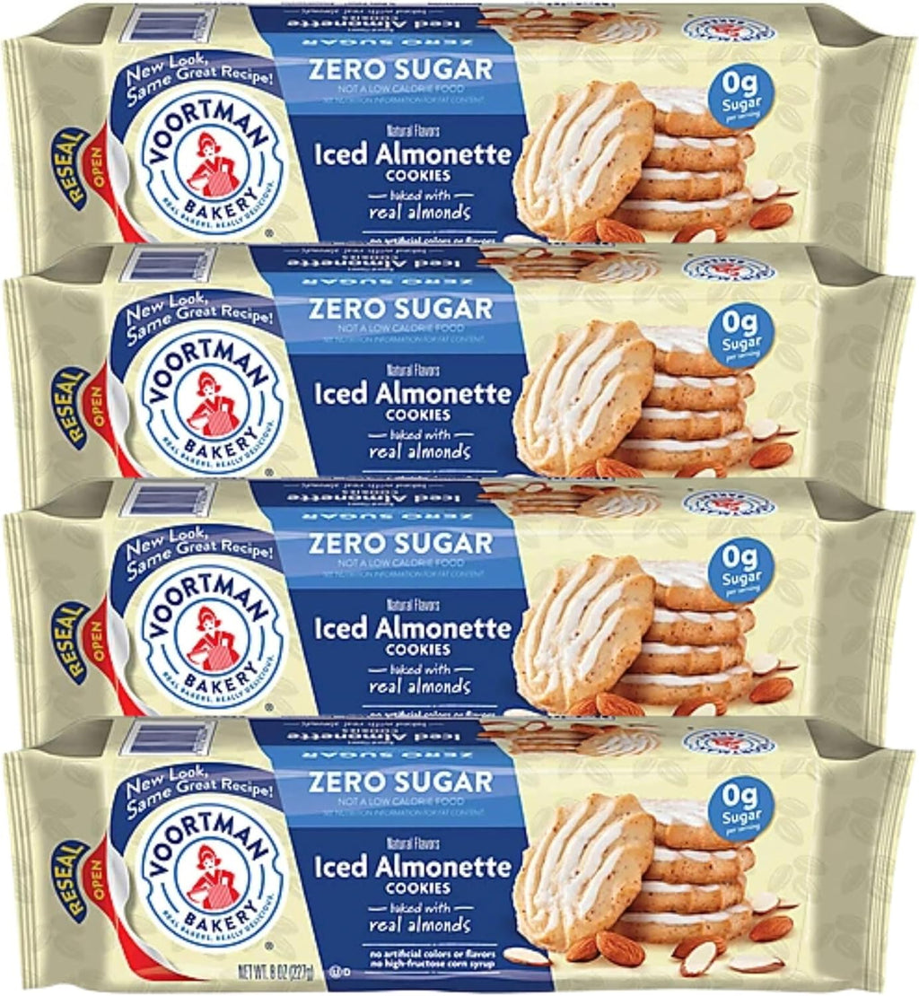 Voortman Bakery #1 in U.S. ZERO SUGAR COOKIES - Iced Almonette Cookies (Pack of 4 x 8 Oz Ea) Made Real ingredients ... Delicious!