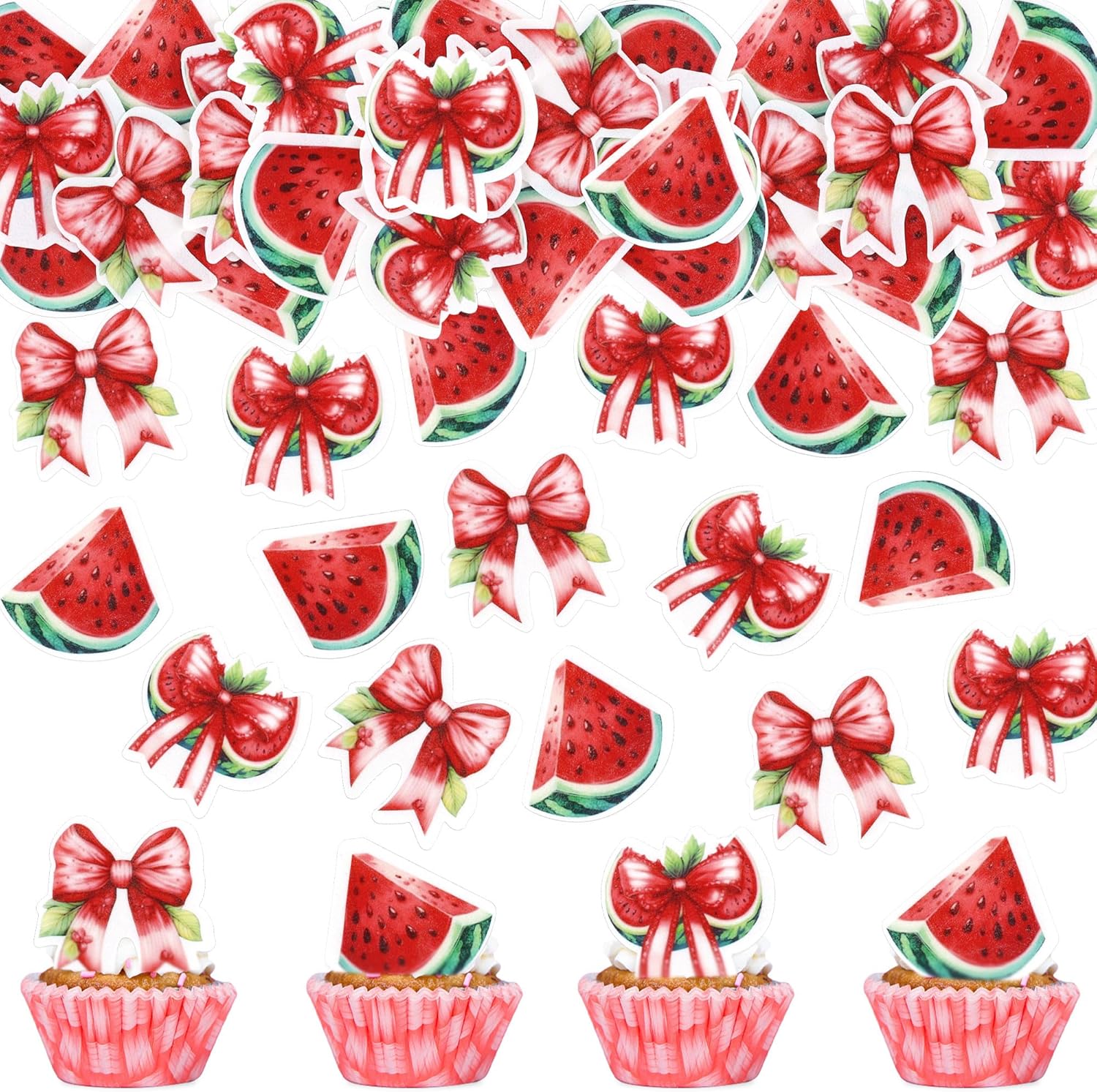 40Pcs Edible Watermelon Cupcake Toppers Cute Watermelon Bow Cupcake Picks for Summer Fruit Baby Shower Fruit Girls Birthday Wedding Anniversary Party Cake Decorations Summer Holiday Party Decors