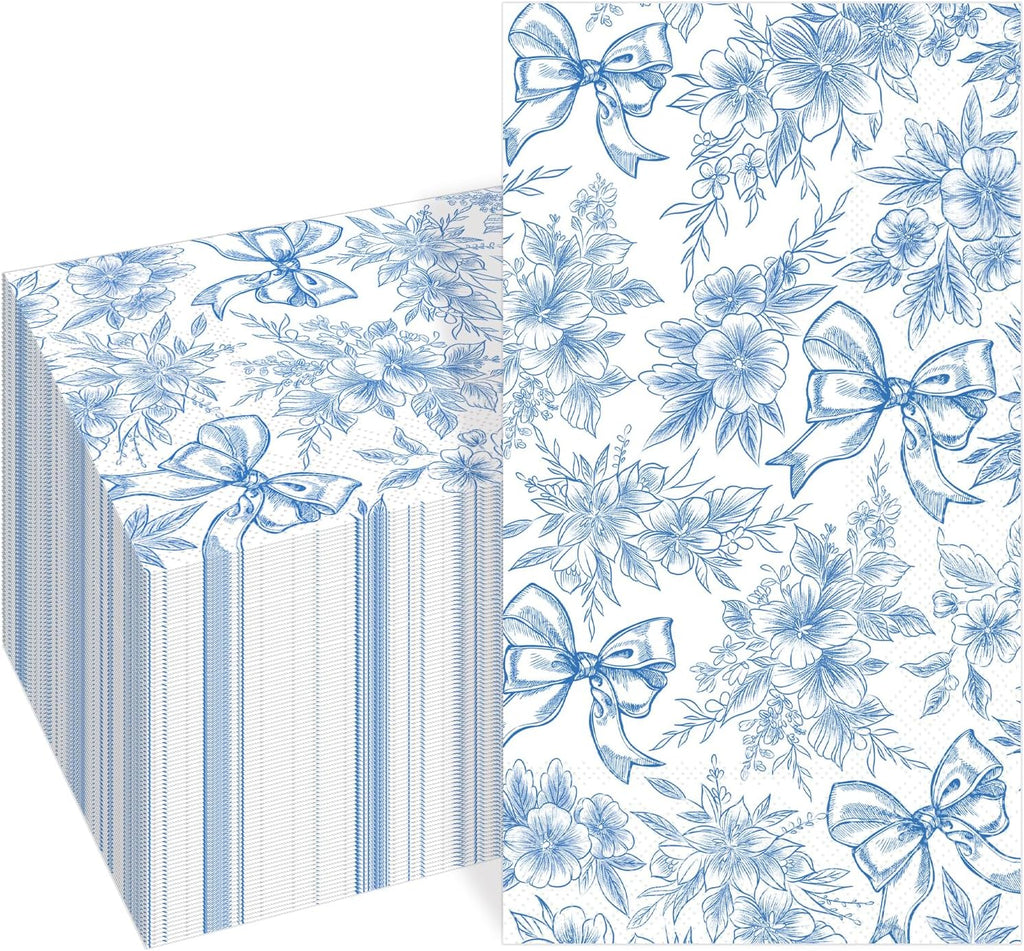 100 PCS Blue Napkins Disposable, Blue Bow Floral Napkins, 3 Ply Printed Decorative Flower Guest Napkin, Chinoiserie Napkin, Bridal Shower Wedding Decorations, Birthday Table Party Supplies