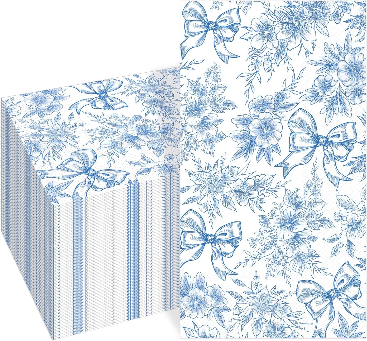 100 PCS Blue Napkins Disposable, Blue Bow Floral Napkins, 3 Ply Printed Decorative Flower Guest Napkin, Chinoiserie Napkin, Bridal Shower Wedding Decorations, Birthday Table Party Supplies