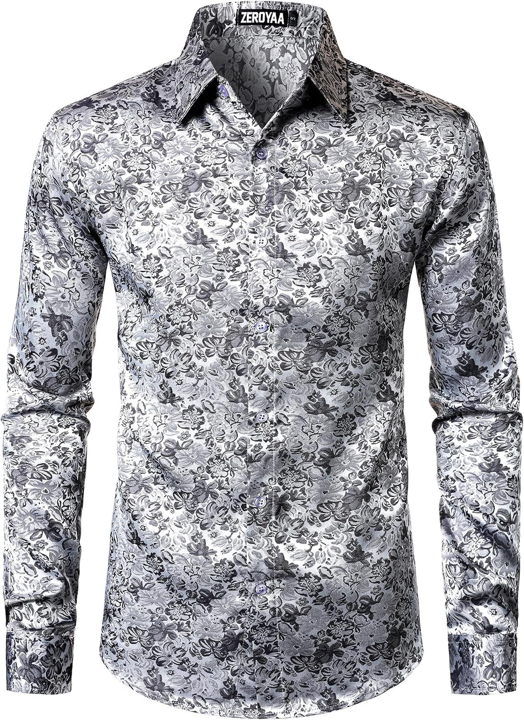 ZEROYAA Men's Shiny Satin Rose Floral Jacquard Long Sleeve Button Up Dress Shirts for Party Prom