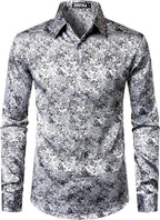 ZEROYAA Men's Shiny Satin Rose Floral Jacquard Long Sleeve Button Up Dress Shirts for Party Prom