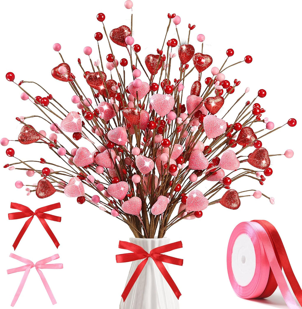 Valentine’s Day Gifts 12 Pcs Glittery Heart Shaped Berry Picks Shining Artificial Red Heart Berry Twig Stem Branches with 2 Rolls of Ribbon for Valentine’s Day Anniversary Bouquets Wedding Home Decor