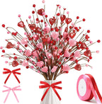 Valentine’s Day Gifts 12 Pcs Glittery Heart Shaped Berry Picks Shining Artificial Red Heart Berry Twig Stem Branches with 2 Rolls of Ribbon for Valentine’s Day Anniversary Bouquets Wedding Home Decor