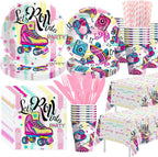 Roller Skating Party Supplies, Roller Skate Party Decorations Tableware, Plate, Cup, Napkin, Tablecloth, Cutlery, Skater Let's Roll Birthday Decorations Dinnerware, Serve 24