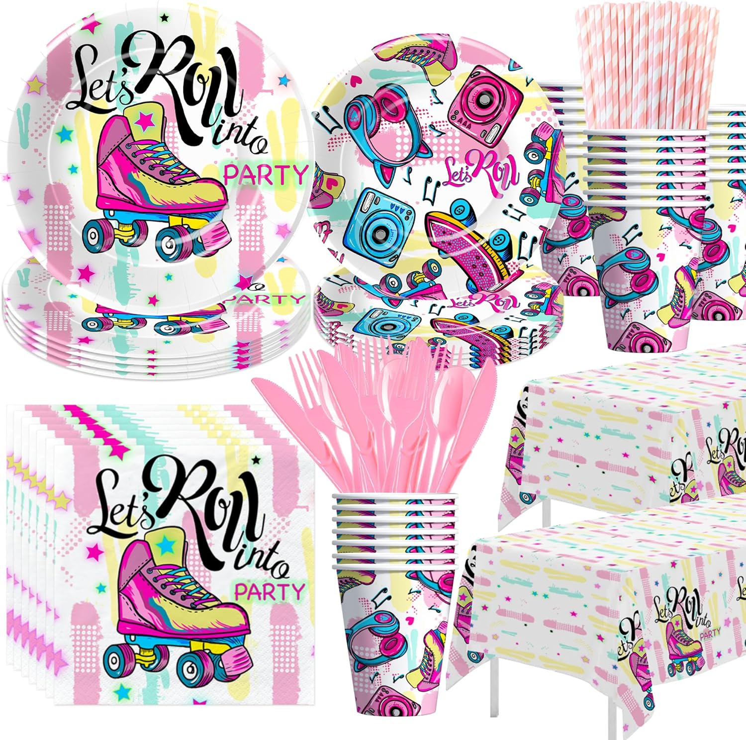 Roller Skating Party Supplies, Roller Skate Party Decorations Tableware, Plate, Cup, Napkin, Tablecloth, Cutlery, Skater Let's Roll Birthday Decorations Dinnerware, Serve 24