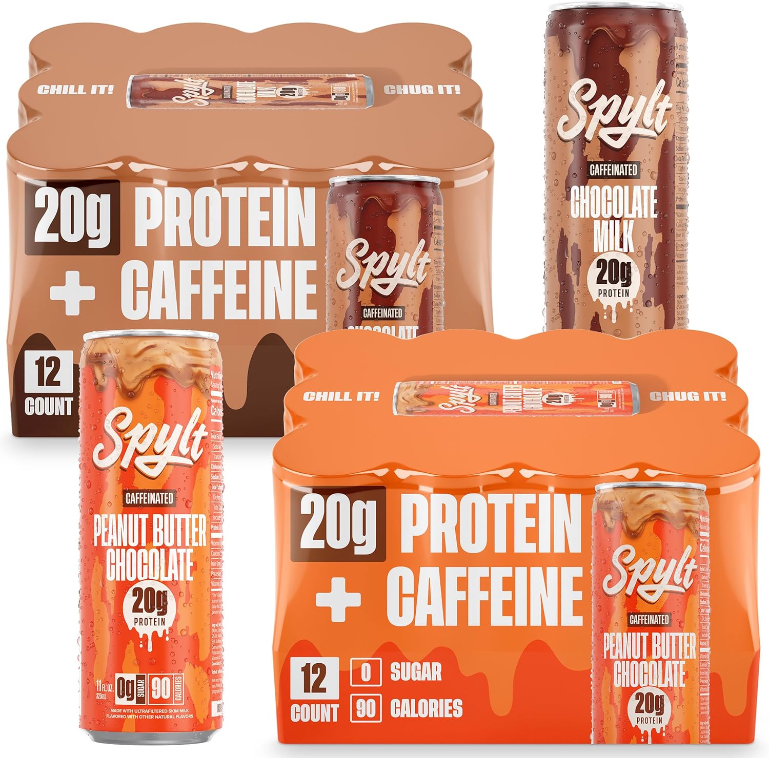 Spylt High Protein Chocolate/Peanut Butter Chocolate Milk with 60mg Caffeine & 20g Protein - 90 Calories, Ready to Drink, Sugar Free, Lactose Free Milk, Perfect for Workout Recovery & Afternoon Pick