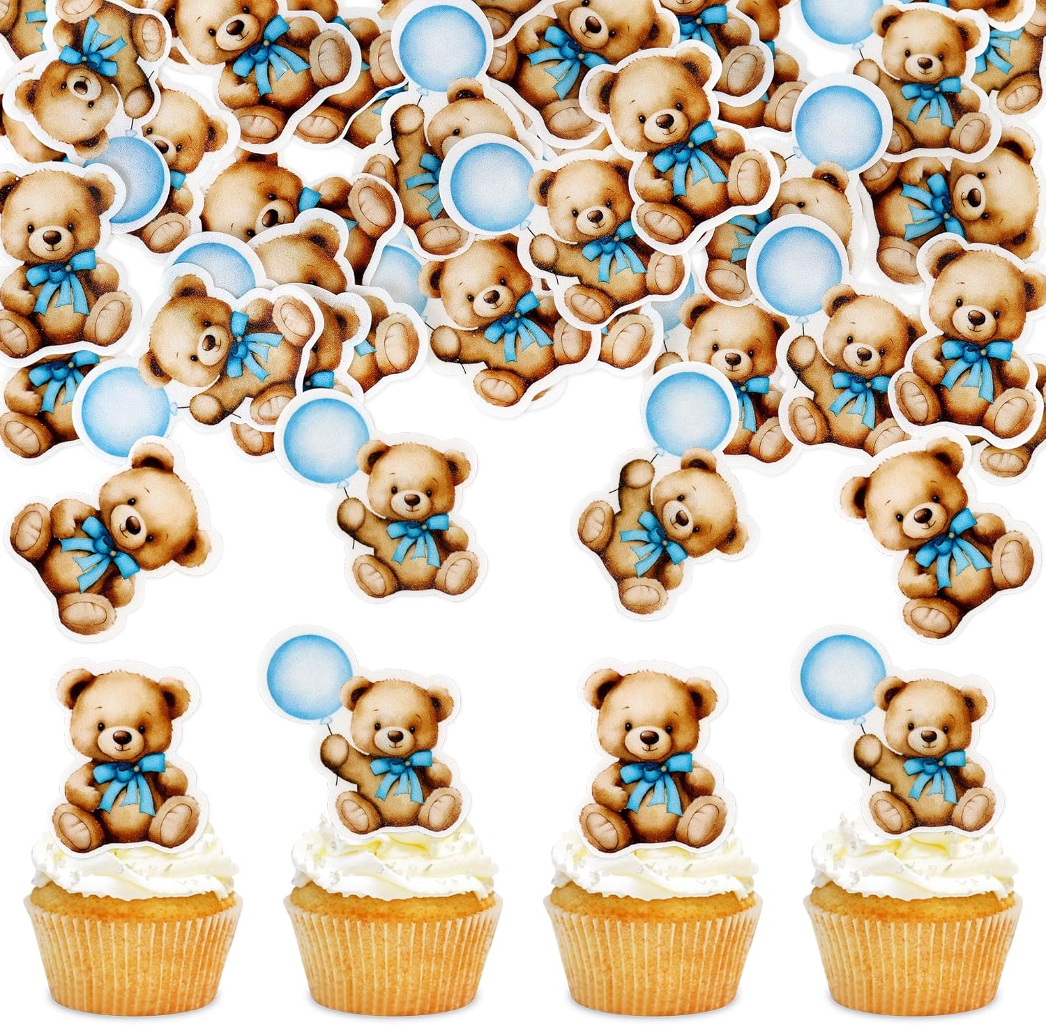 40 PCS Edible Baby Shower Bear Cupcake Toppers Drink Topper Selection Baby Bear Theme Baby Shower Decorative Supplies Jungle Animal Theme Birthday Party Cake Decorative Supplies Blue