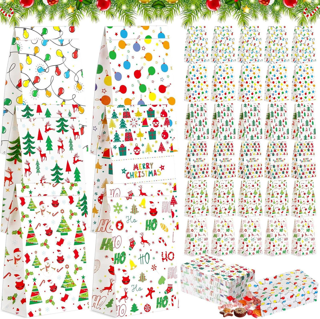 Kolldenn 120 Pcs Christmas Gift Bags Bulk 6 Styles Christmas Treat Bags 9.5 x 5.1 x 3.15 Inch Paper Goodie Pouches for Gifts Candy Snacks Lunch Holiday Party Supplies(Bright)