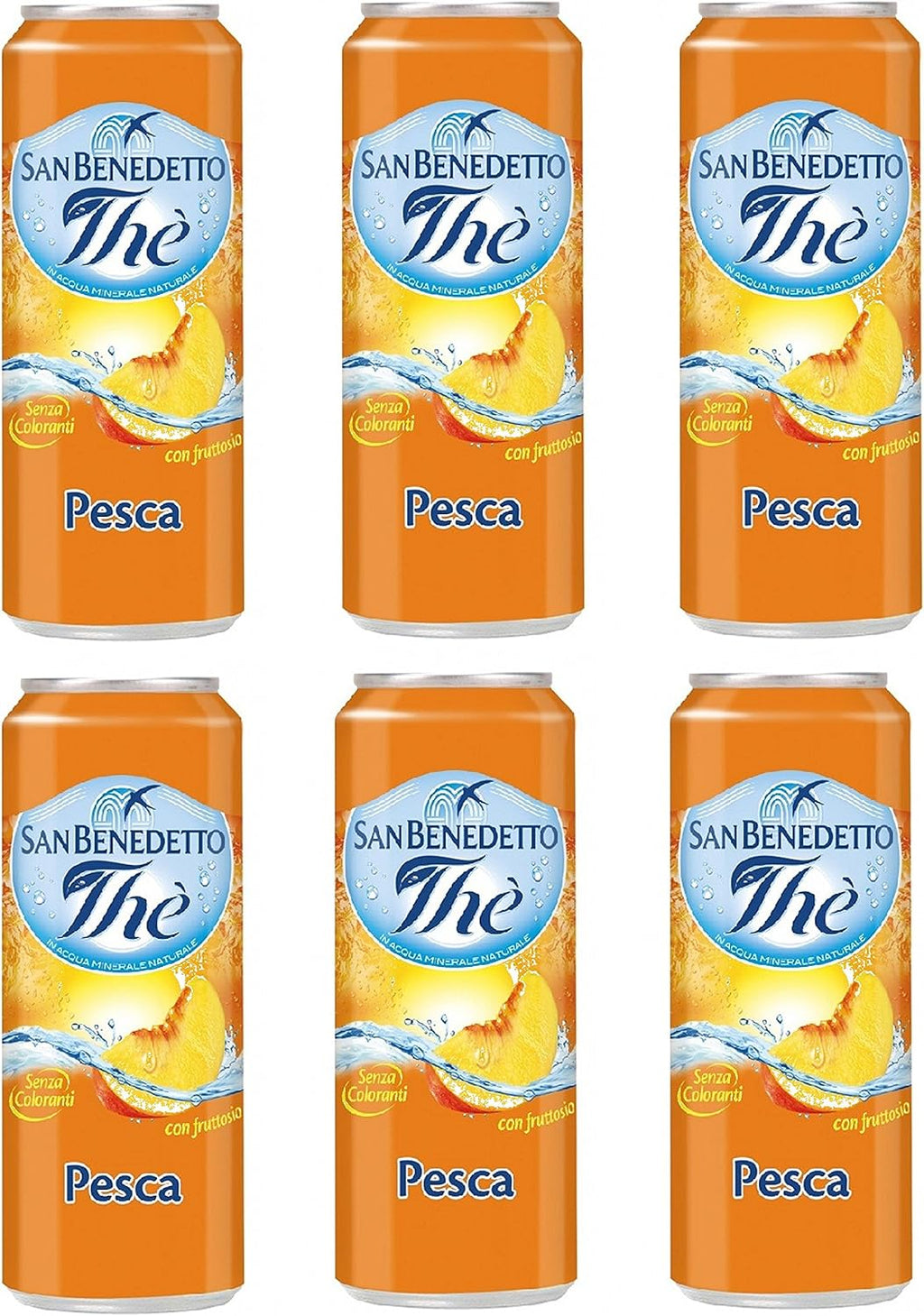 San Benedetto: "The Pesca" Peach Flavoured Tea in Mineral water 11.15 Fluid Ounces (33cl) can (Pack of 6) [ Italian Import ]