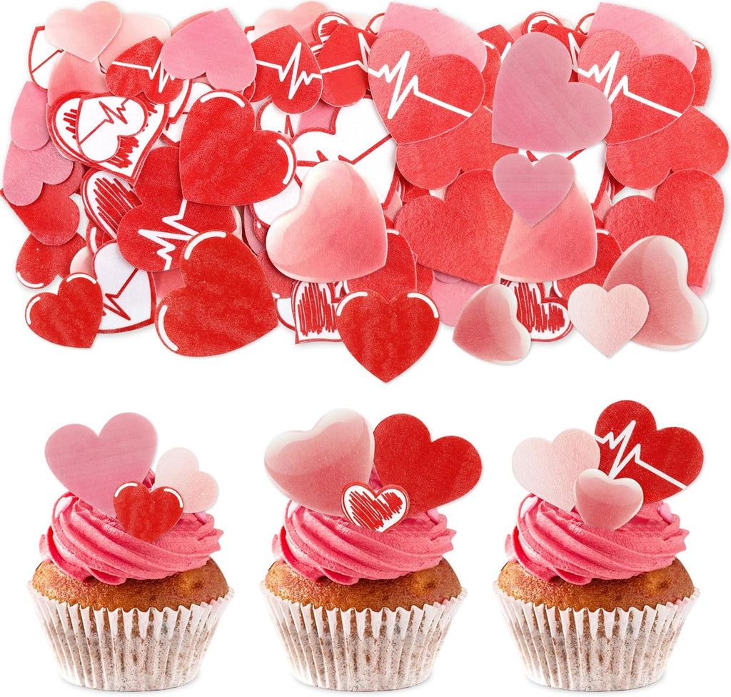 Ercadio 80Pack Edible Valentine's Day Heart Cupcake Toppers Red Edible Heart Cupcake Drink Toppers Picks Valentine's Day Nurses' Day Heart Birthday Mother's Day Party Cake Decorations