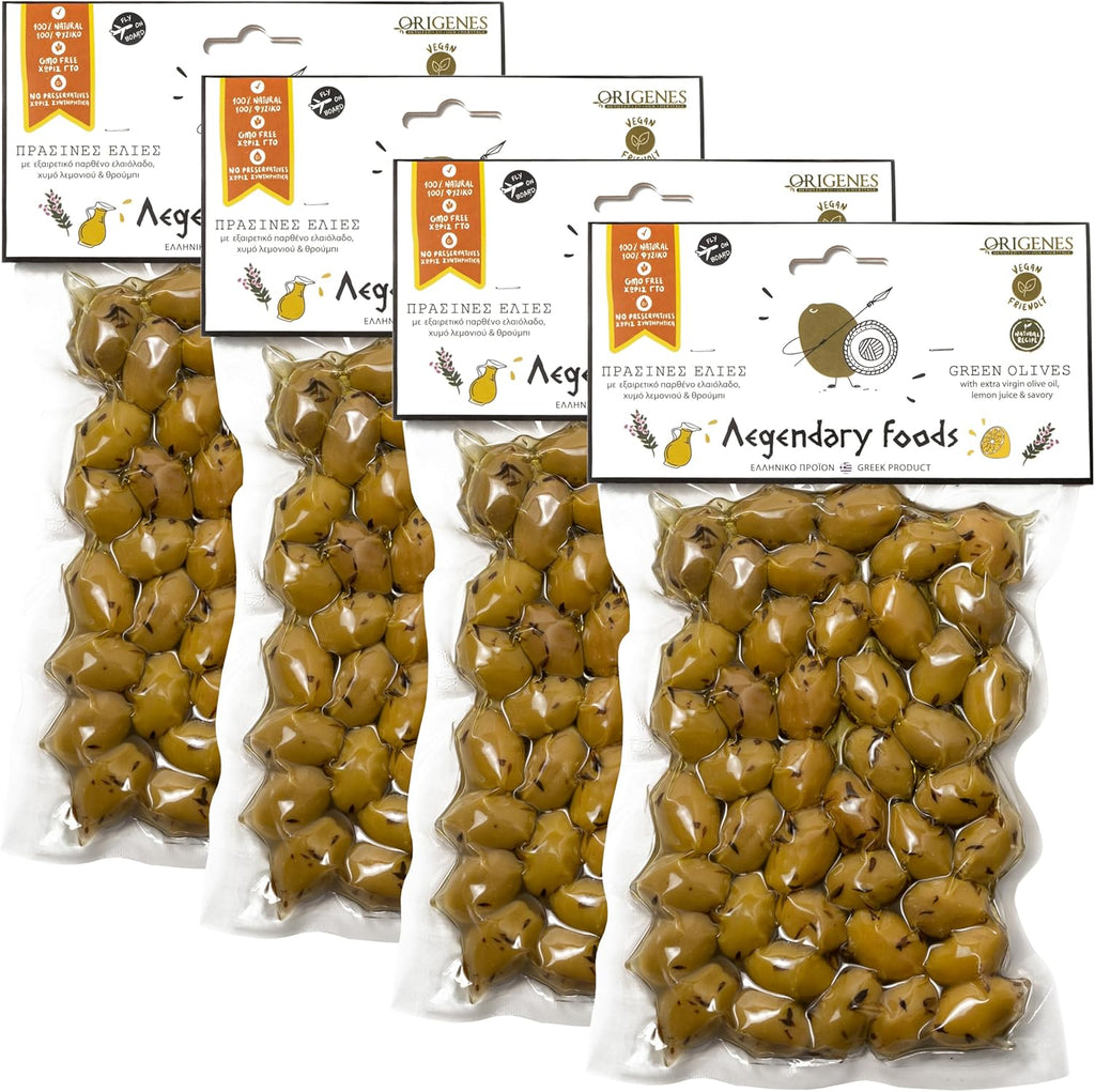 Pack of 4 Green Olives in Vacuum Bag , Marinated Olives in Savory Lemon Juice, Freshly Sealed Olives with Extra Virgin Oil 4X200g