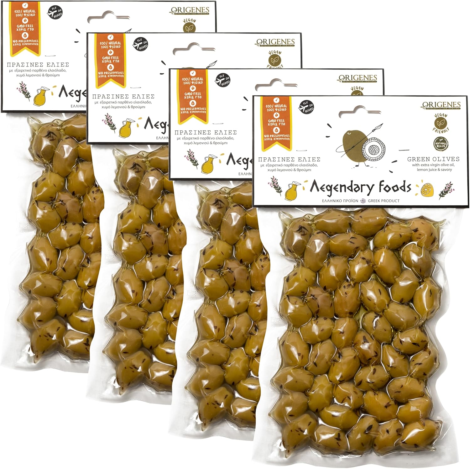 Pack of 4 Green Olives in Vacuum Bag , Marinated Olives in Savory Lemon Juice, Freshly Sealed Olives with Extra Virgin Oil 4X200g