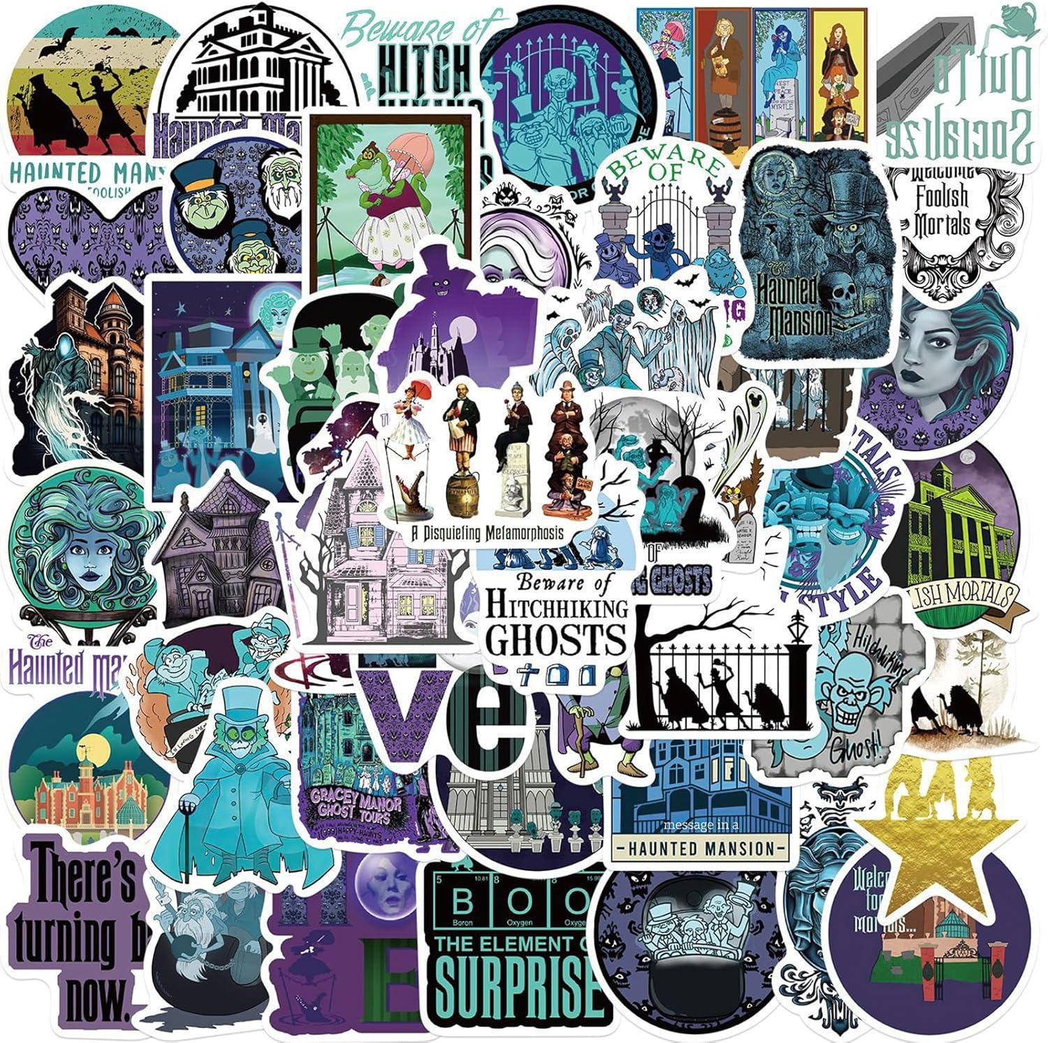 50pcs Haunted Mansion Stickers for Boys Teens Adults Waterproof Vinyl Stickers Bulk for Skateboard Luggage Laptops Bumper Theme Party Supplies (Purple)