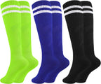 Glooarm 3 Pairs Kids Soccer Socks Baseball Uniform Striped Knee High Socks Cotton World Cup for Boys Girls 3-12 Years Old