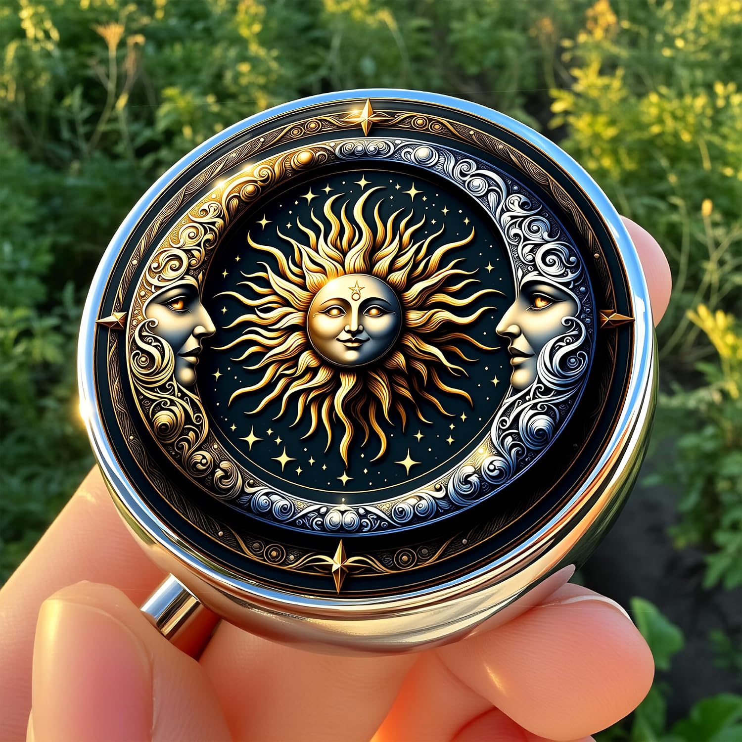 Stylish Celestial Sun and Moon-Themed Pill Box with 3 Compartments – Compact and Durable Organizer for Supplements and Medication