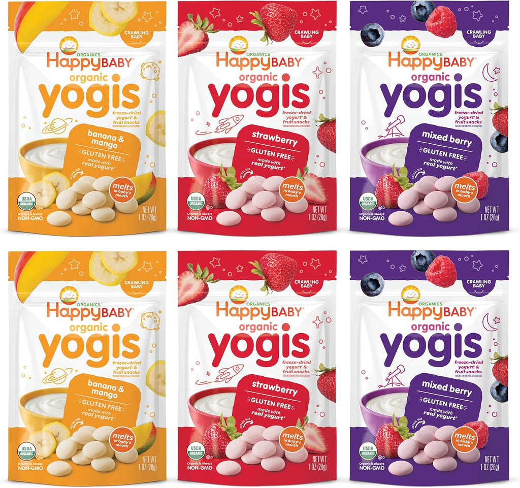 Happy Baby Organics Yogis Freeze-Dried Yogurt & Fruit Snacks, Variety Pack, 1 Ounce (Pack of 6)