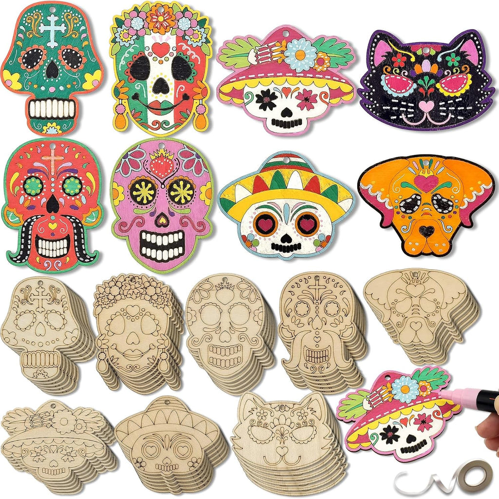 Generic 48-Piece Day of The Dead Sugar Skull Craft Kit - Unfinished Wooden Ornaments - DIY Paint & Hang - Adults