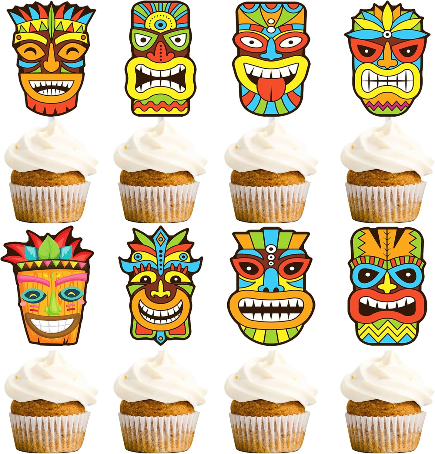24pcs Hawaii Tiki Cupcake Toppers Hawaiian Luau Birthday Party Decorations Hawaiian Aloha Cake Cupcake Decorations for Hawaii Summer Theme Birthday Party Baby Shower Supplies